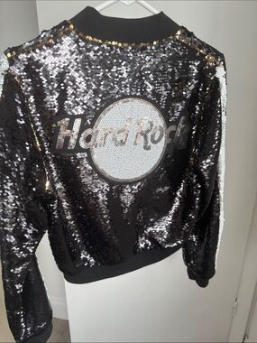 Hard Rock Cafe Black/Gold Sequin Bomber Jacket with White Sleeve Stripe